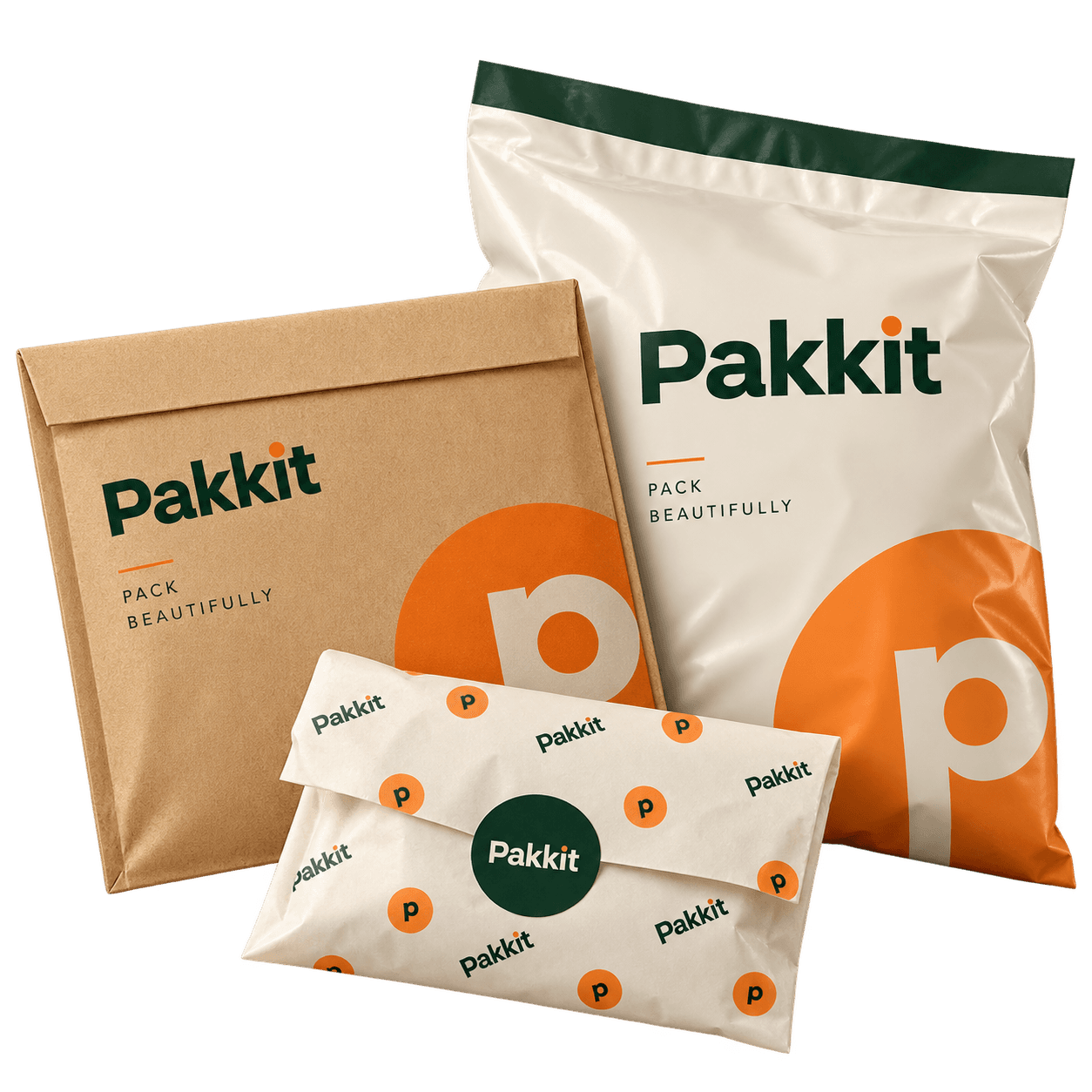 Pakkit mailers, a kraft box, and tissue-wrapped parcels