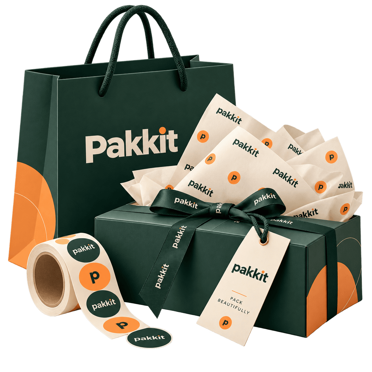 Pakkit packaging collection with a green shopping bag, gift box, tissue paper, and branded seals
