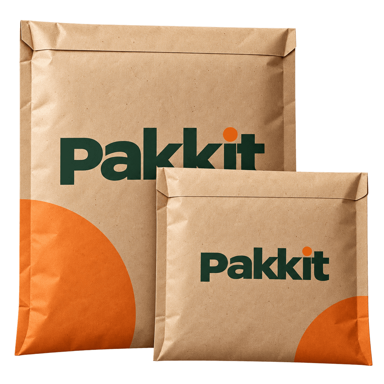 Two kraft Pakkit padded mailers with orange branding