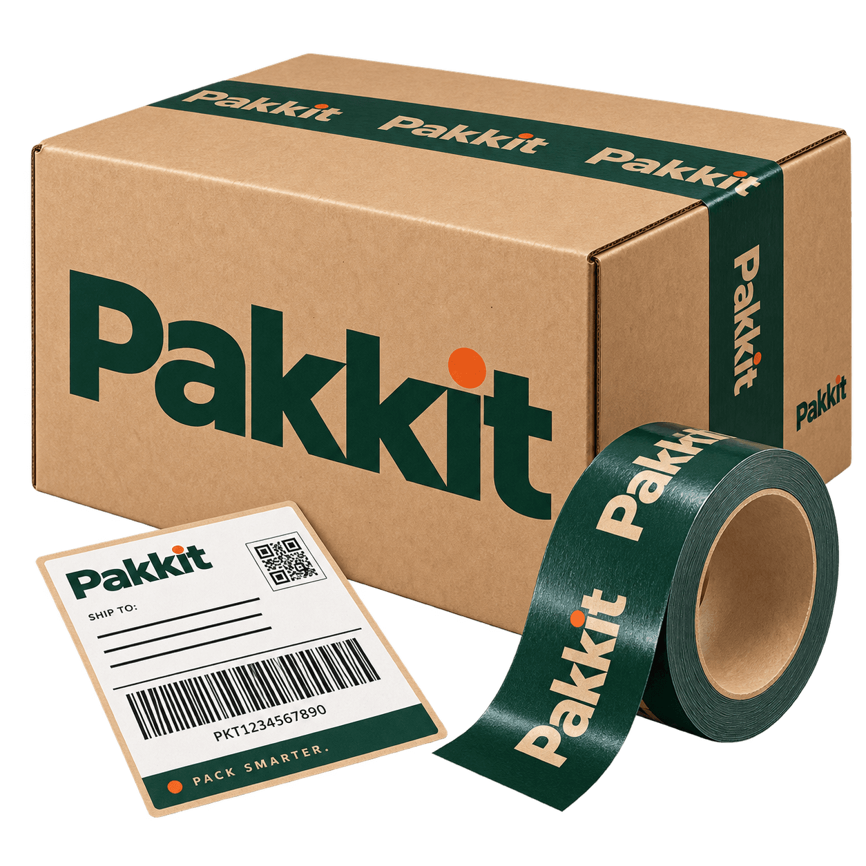 Kraft Pakkit shipping box with branded packing tape and a shipping label